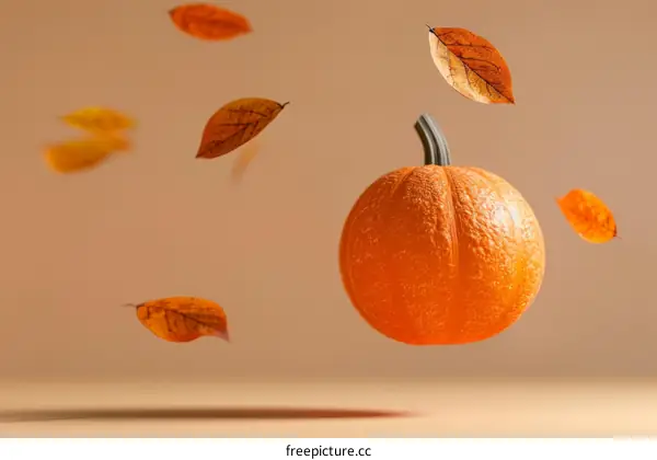 A pumpkin with a lot of falling leaves around it