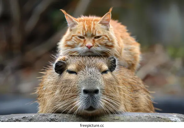 A ginger cat is sitting on the back of a capybara