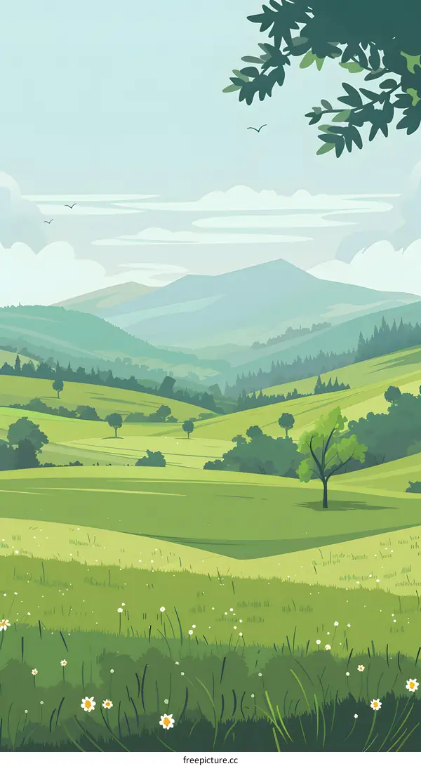 Green Meadow with Mountains in the Distance Illustration