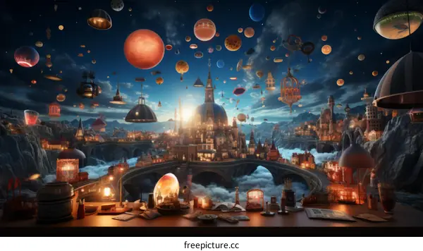 A steampunk city with airships and floating islands