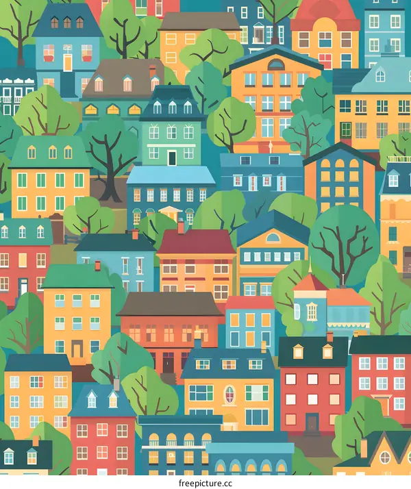 Colorful Cityscape with Houses and Trees Illustration