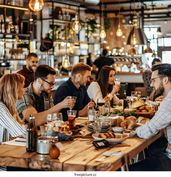 Friends Enjoying Dinner and Drinks at a Restaurant