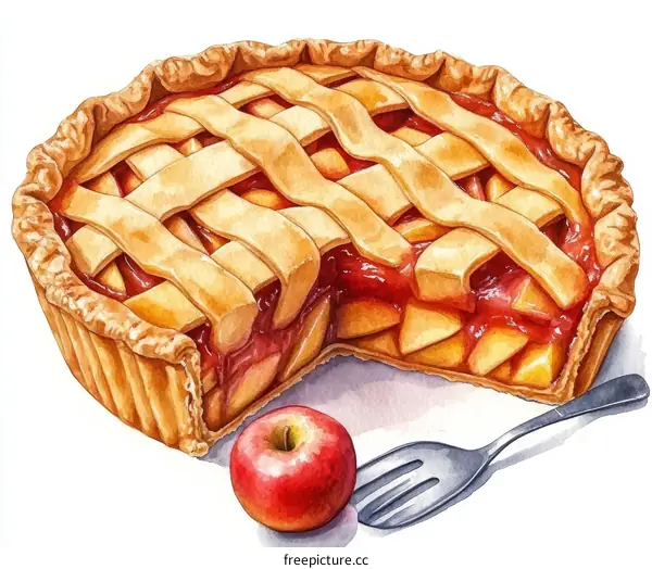 Watercolor Illustration of a Delicious Apple Pie