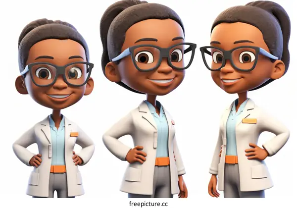 Three black female doctors wearing lab coats and glasses