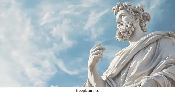 Stone Statue of a Man with a Beard Against a Cloudy Sky