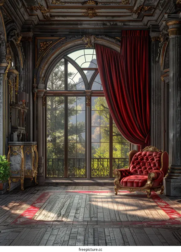 Red Velvet Chair in Ornate Room With Large Window
