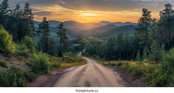 Golden Hour Landscape with Winding Road