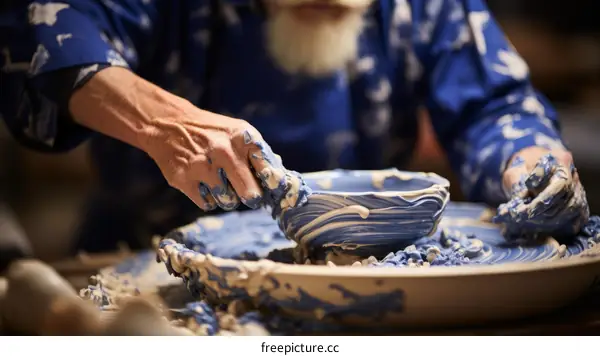 A potter shapes a bowl on a pottery wheel