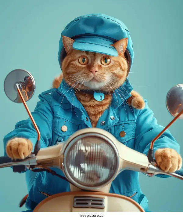 Cat in a blue hat and blue jacket riding a scooter