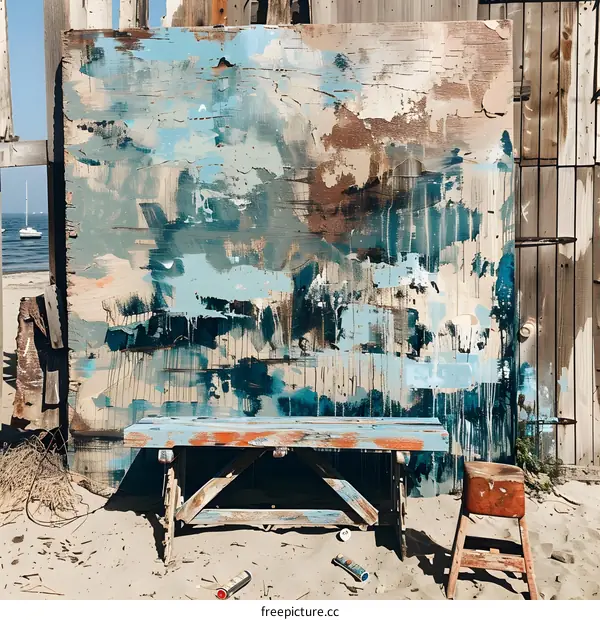 Abstract Art on Wooden Background with Bench and Stool