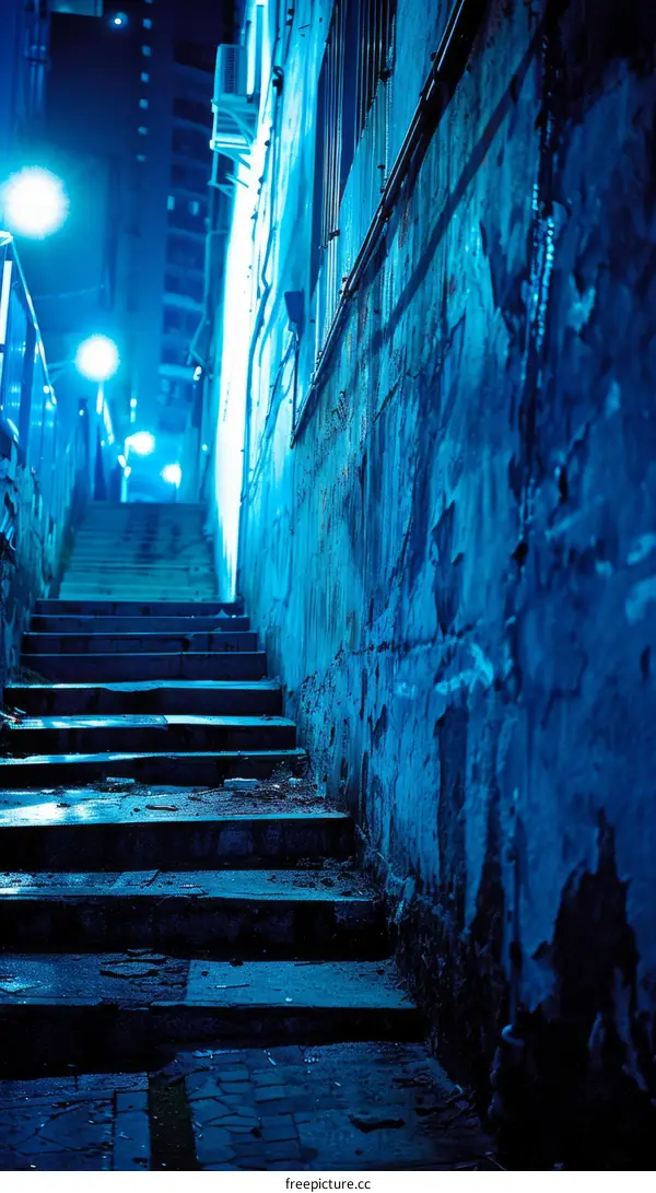Blue-Lit Staircase in a Dark Alley