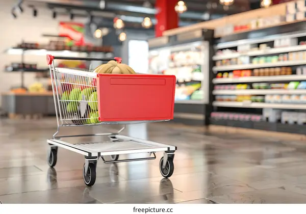 Shopping Cart Filled With Fruit In Grocery Store