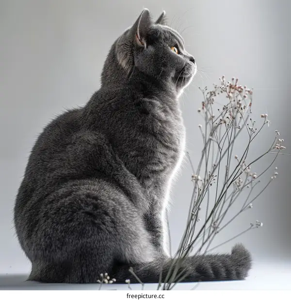 A gray British shorthair cat is sitting next to a bouquet of white flowers