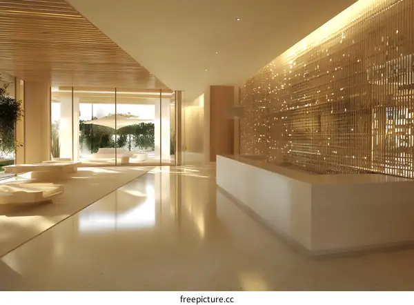 Modern Minimalist Lobby Interior Design with Wood Paneling and Reception Desk