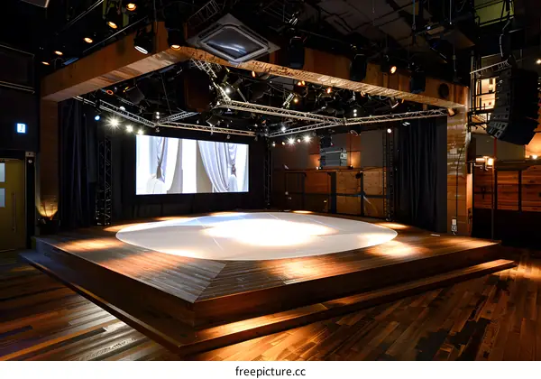 Empty Stage With Wooden Floor And White Surface
