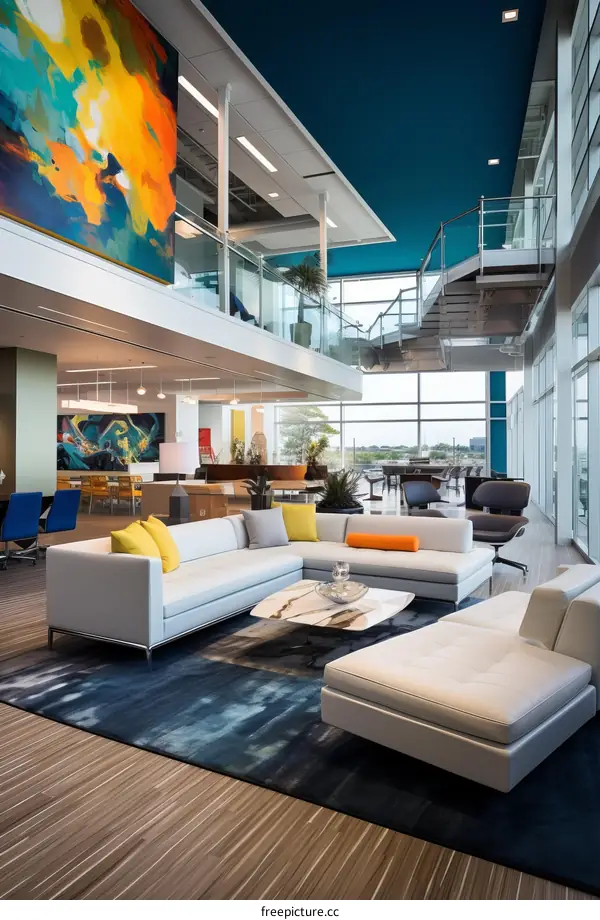 Modern office interior with white sofas and blue and orange accents