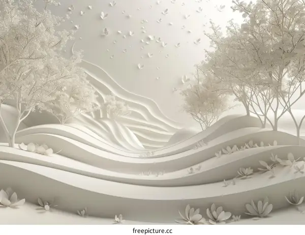 White Minimalist 3D Landscape with Trees and Flowers