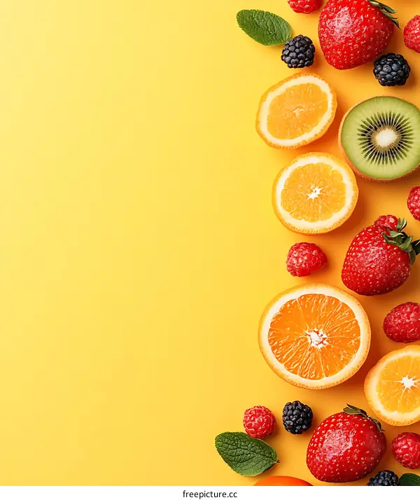 Fresh Fruit and Berries on Yellow Background