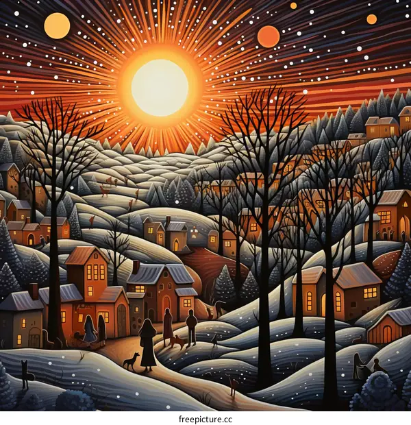 Snowy Village in the Mountains at Night