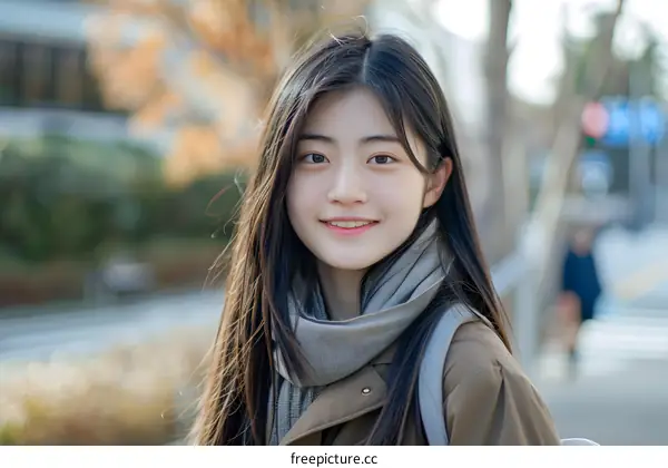 Smiling Asian Woman Wearing a Scarf Outdoors