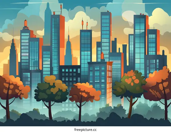 Cityscape Illustration with Tall Buildings and Trees