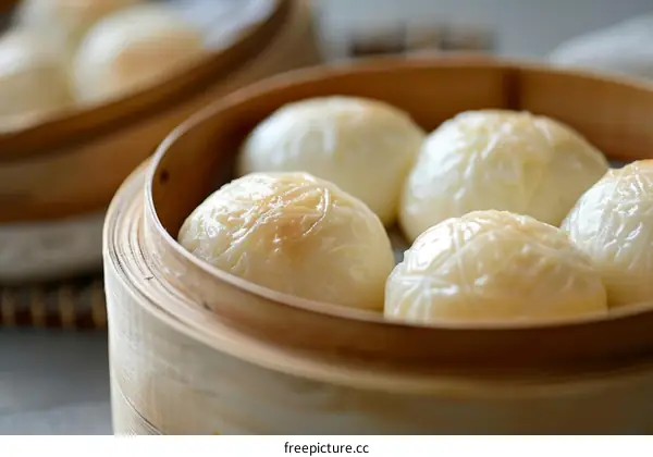 Four white buns in a bamboo steamer