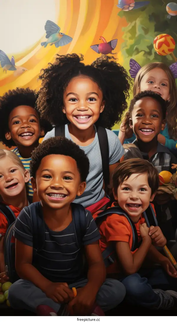 A group of happy children of different ethnicities are sitting together in a colorful and whimsical setting