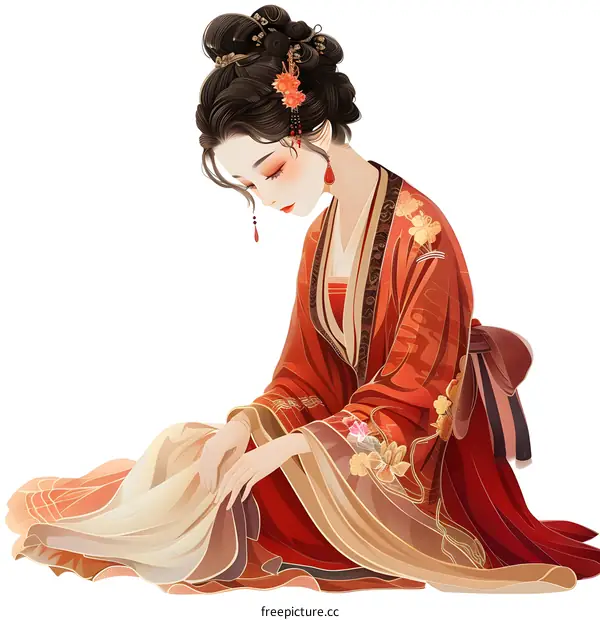 A Chinese woman in a red dress is sitting on the ground