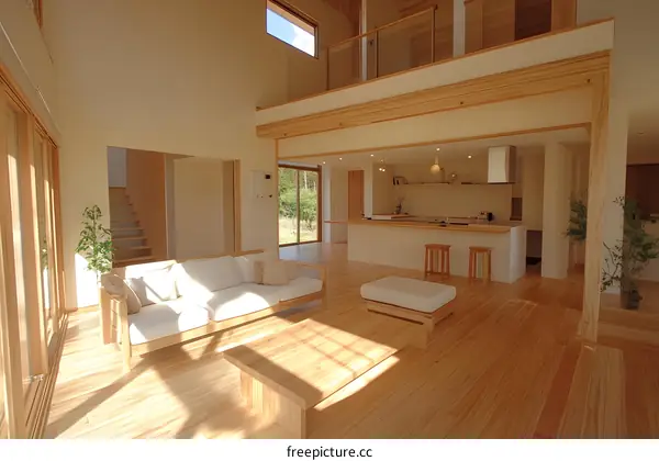 Modern Minimalist Open Concept Living Room with Wooden Floors and Kitchen