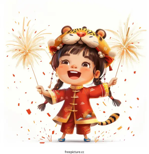 A little girl wearing a tiger hat and holding firecrackers