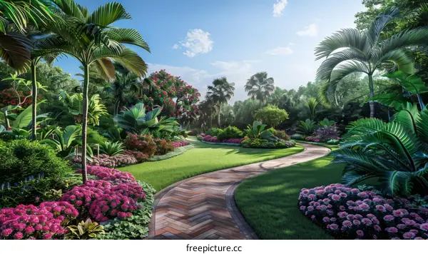 Lush Tropical Garden with Palm Trees and Flowers