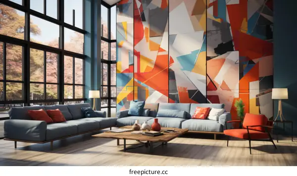 Modern Living Room with Colorful Abstract Art and Large Windows