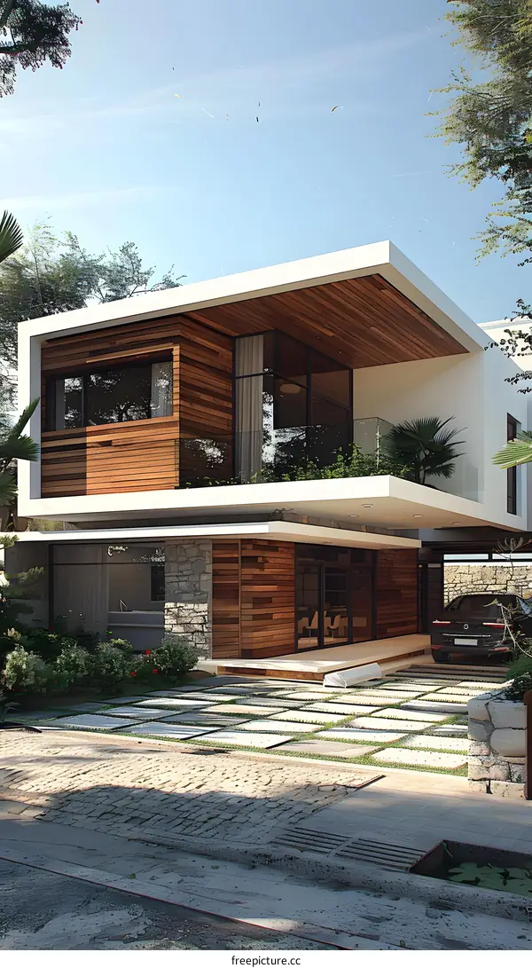 Modern House with Wooden Facade and Stone Wall
