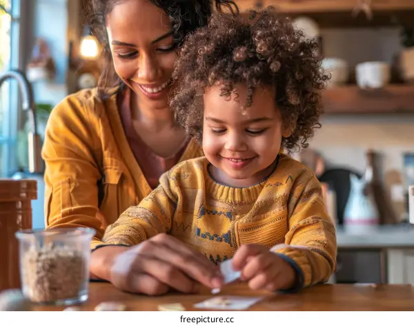 A mother and her son are cooking in the kitchen.