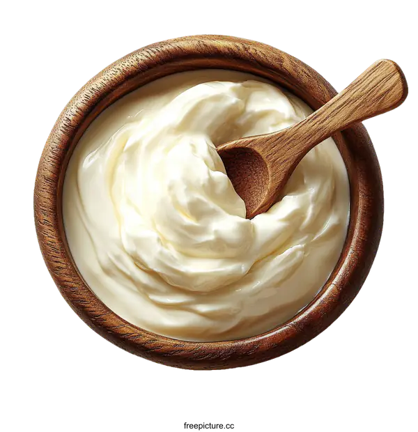 [Transparent Background PNG]Creamy Yogurt in Wooden Bowl with Spoon