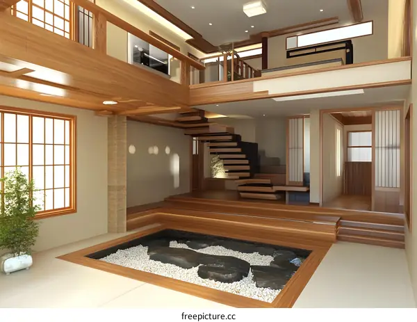 Modern Japanese Style Home Interior Design With Wooden Stairs And Stone Garden