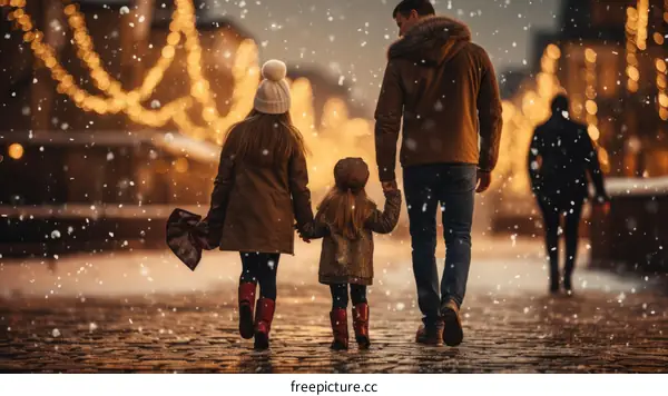 Family walking in the snow during Christmas time
