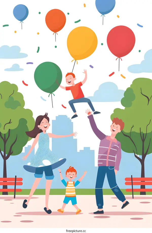 Happy Family Celebrating with Balloons in the Park