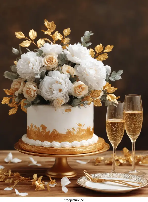 Gold Decorated Wedding Cake with Flowers