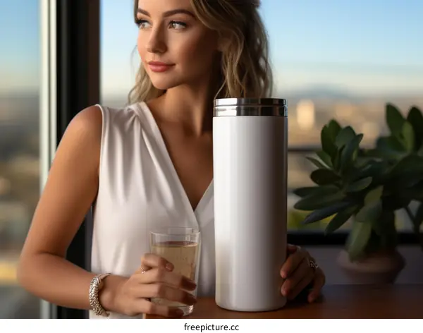 Elegant woman admiring the view from the office window