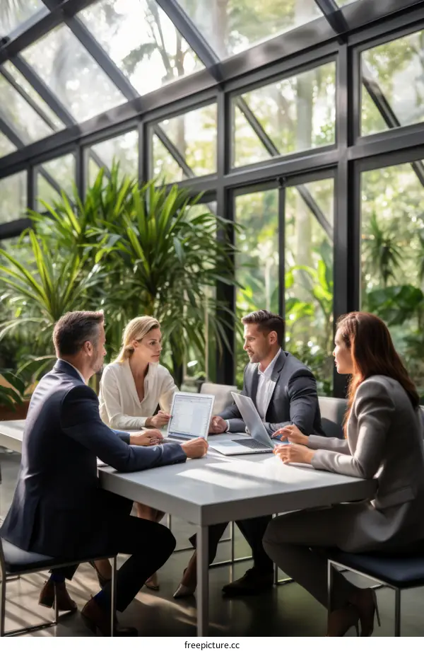 Four business people having a meeting in a greenhouse