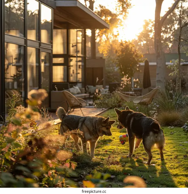 Two dogs playing in the backyard