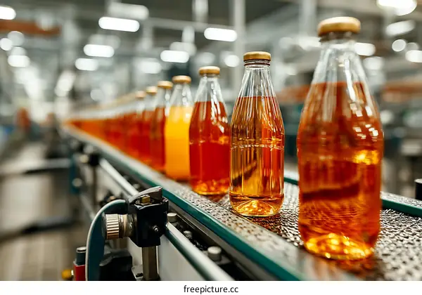 Juice Bottles on a Conveyor Belt in a Food Factory