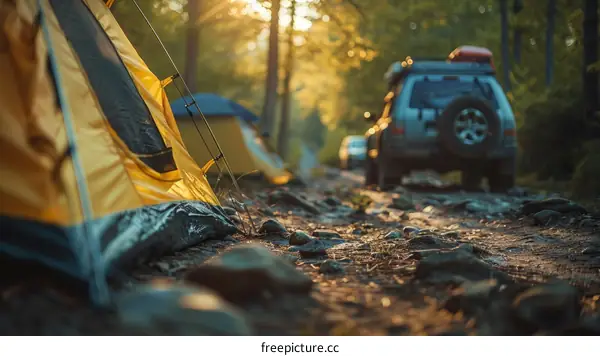 SUV parked next to a yellow tent in the woods
