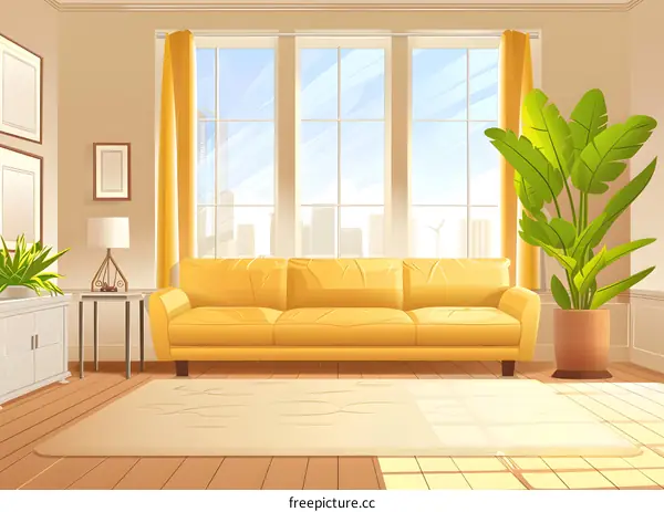 Modern Living Room with Yellow Sofa and City View
