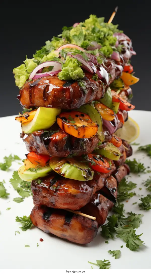 A tower of shish kebabs with vegetables