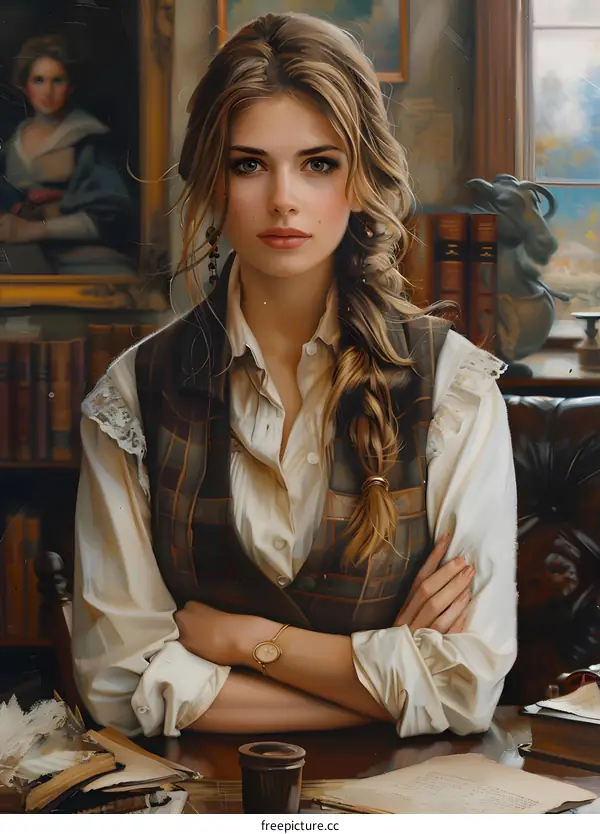 Portrait of a Young Woman in a Library Setting