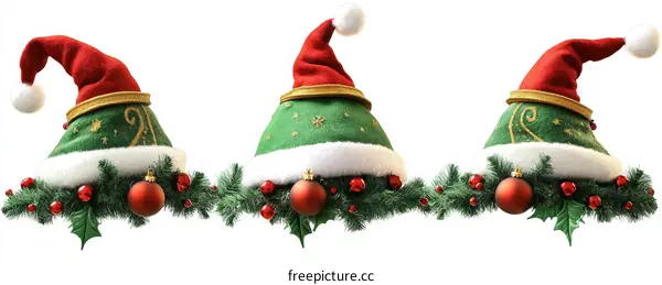 Three Christmas Santa Hats with Holiday Decorations