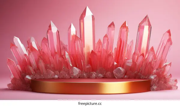 Pink Crystal Cluster Display on Gold Pedestal