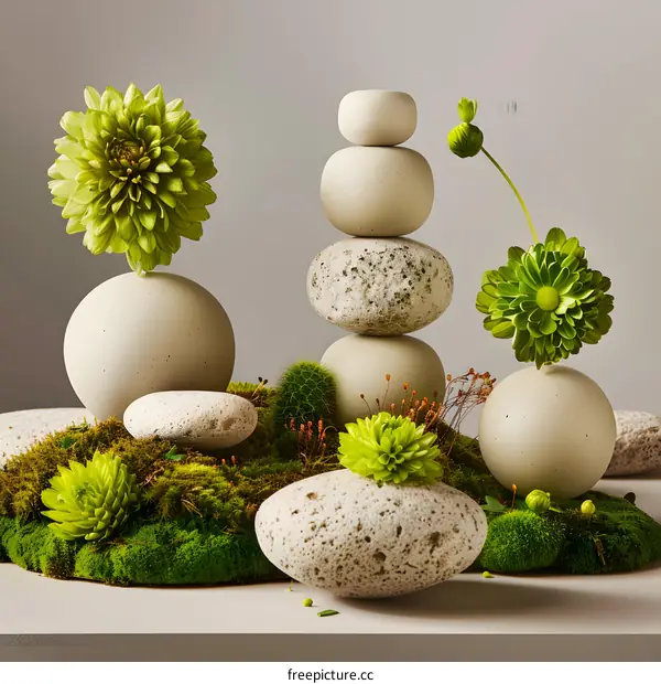 Green Flowers and Stacked Stones on Moss Bed